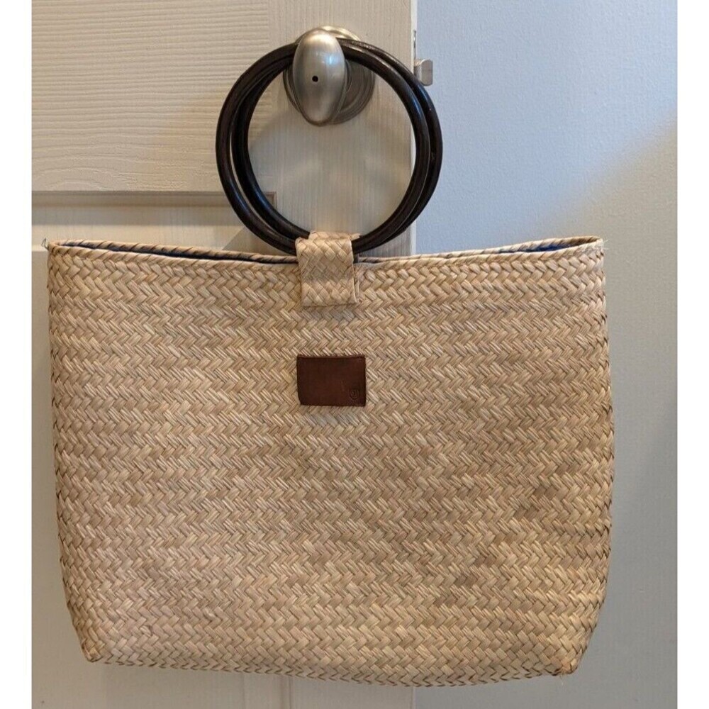 BRIXTON Natural Straw Large Rectangular Tote Bag w/Round Wooden Handles